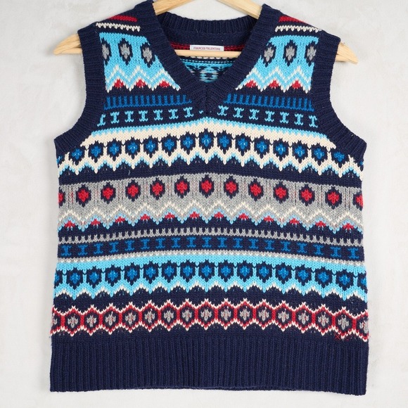 Frances Valentine Sweaters - Frances Valentine Navy Blue Fair Isle Lambswool V-Neck Sweater Vest Womens Small
